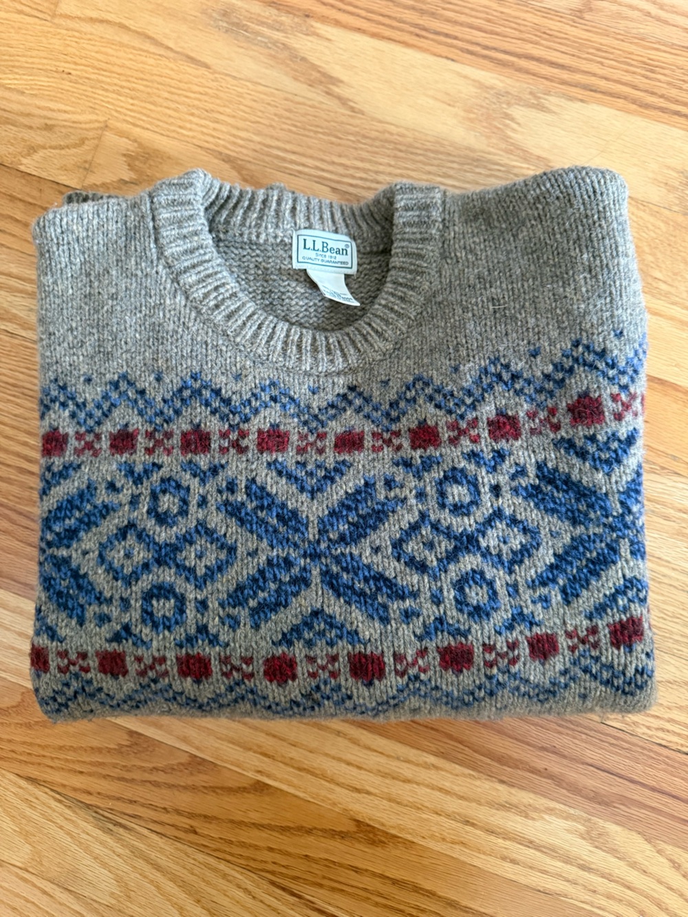 L.L.Bean Sweater Mens Large Gray Lambswool Fair Isle Knit Crewneck Heavyweight